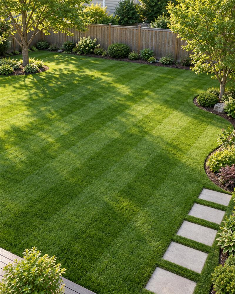 AI-generated example of a neatly striped lawn with trees and a stepping-stone path; not Nick's actual work.